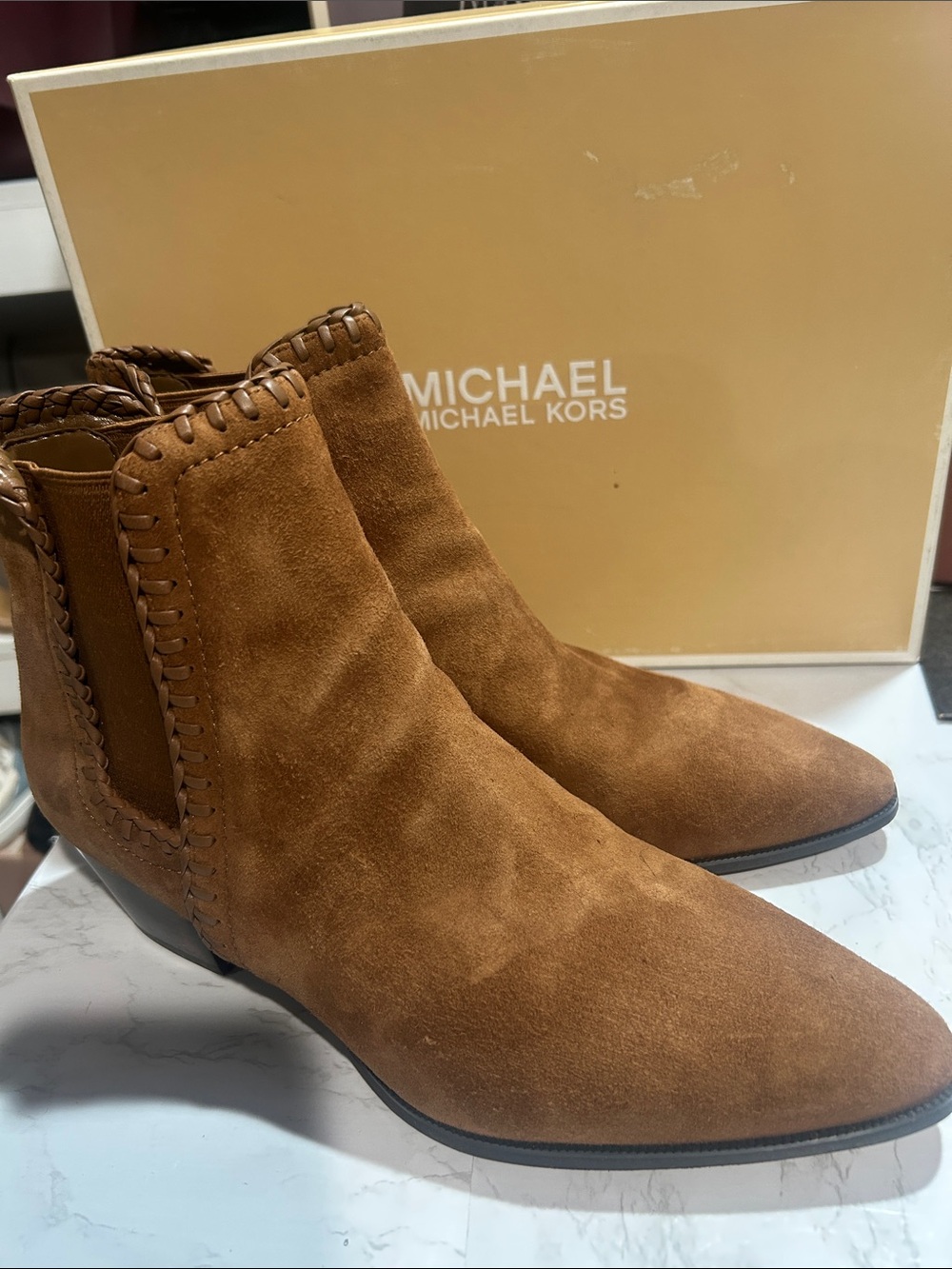 Michael Kors Broderick Cognac Suede Pointed Toe Ankle Boots